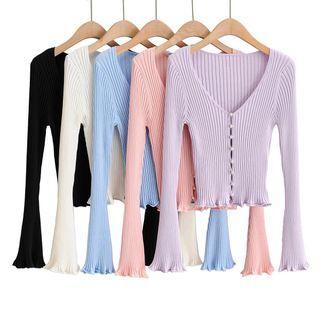 Faux Pearl Button-up Ribbed Knit Top