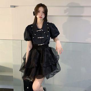 Puff-sleeve Beaded Blouse / Mini Pleated Skirt / Mesh A-line Skirt