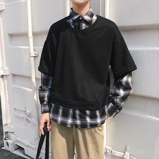 Mock-two Plaid Long-sleeve Loose-fit Top
