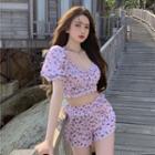 Short-sleeve Off-shoulder Floral Print Cropped Top / Shorts