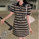 Short-sleeve Diamond Print Mini Dress Argyle - Almond & Black - One Size