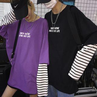 Couple Matching Striped Panel Long-sleeve T-shirt