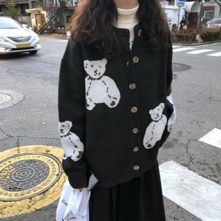 Bear Print Loose-fit Cardigan Dark Gray - One Size