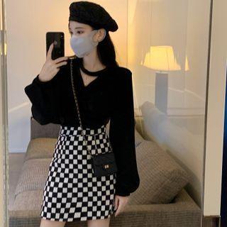 Cutout Sweatshirt / High Waist Checkerboard Mini A-line Skirt