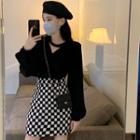 Cutout Sweatshirt / High Waist Checkerboard Mini A-line Skirt