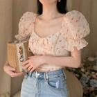 Puff-sleeve Floral Cropped Blouse Pink Floral - Beige - One Size