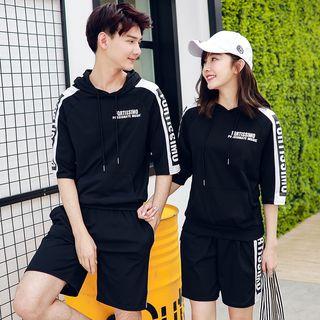Couple Matching Set : Letter Elbow-sleeve Hoodie + Shorts