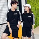 Couple Matching Set : Letter Elbow-sleeve Hoodie + Shorts