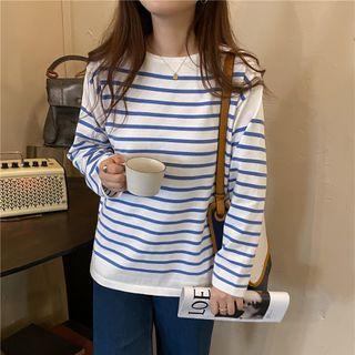 Long-sleeve Striped Split Knit Top Stripes - Blue & White - One Size