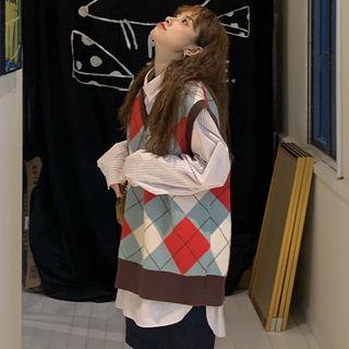 Long-sleeve Striped Shirt / Argyle Knit Vest