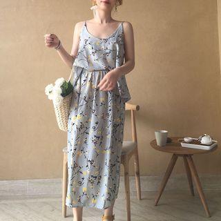 Set: Spaghetti-strap Floral Print Top + Floral Print Chiffon Midi Skirt
