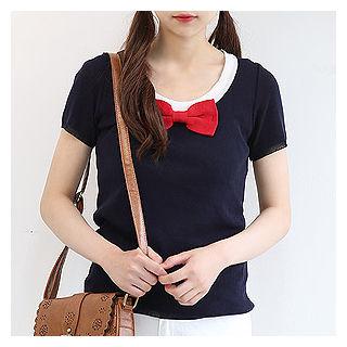 Contrast-trim Bow-accent Knit Top