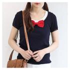 Contrast-trim Bow-accent Knit Top
