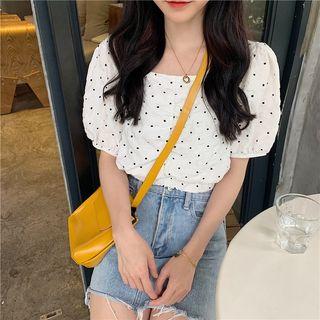 Dotted Short-sleeve Cropped Blouse White - One Size