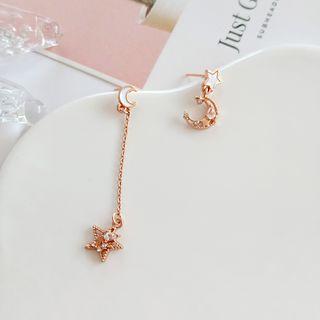 Non-matching Rhinestone Moon & Star Dangle Earring 1 Pair - Earring - One Size