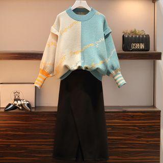 Lettering Two-tone Sweater / Midi A-line Skirt / Set