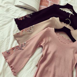 Embroidered 3/4-sleeve Knit Sweater