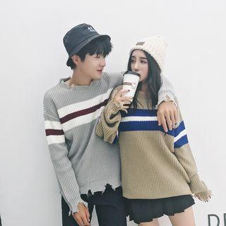 Couple Matching Distressed Stripe-detail Sweater