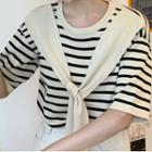 Knit Shawl Panel Striped Elbow-sleeve T-shirt