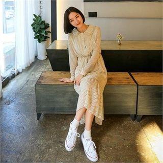 Half-placket Stripe Dot Maxi Shirtdress