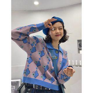 Contrast Color Long-sleeve Cropped Knit Polo Shirt