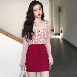 Gingham Sleeveless Top / Mini Skirt / Light Jacket