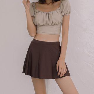 Set: Puff-sleeve Cropped Swim Top + Swim Skirt