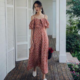 Printed Ruffle Trim Cold-shoulder Midi A-line Dress