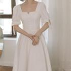 Short-sleeve Square-neck Tie-sleeve Midi A-line Dress