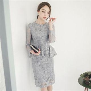 Sheer Sleeve Peplum Trim Lace Dress