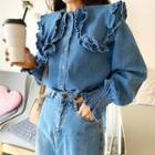 Frilled Layered-collar Denim Blouse Blue - One Size