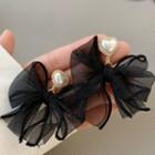 Heart Faux Pearl Bow Mesh Dangle Earring