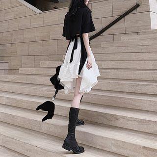 Set: Elbow-sleeve Asymmetric Top + A-line Skirt