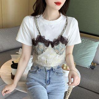 Mock Two-piece Short-sleeve Ruffled Lace T-shirt