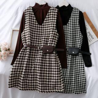 Set: Turtleneck T-shirt + Houndstooth Tank Dress With Belt