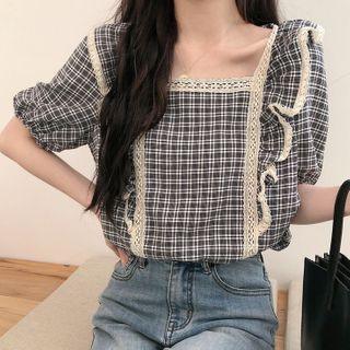 Ruffle Trim Plaid Short-sleeve Square-neck Blouse