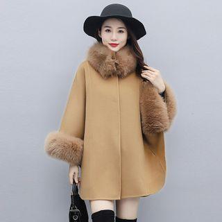 Faux Fur Trim Button Poncho Coat