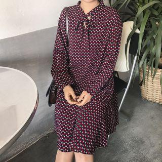 Bow Patterned Long-sleeve Chiffon Dress