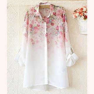 Tab-sleeve Floral Chiffon Shirt