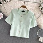 Short Sleeve Single Breasted Tweed Blazer Green - One Size