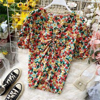 V-neck Ruched Short-sleeve Floral Blouse