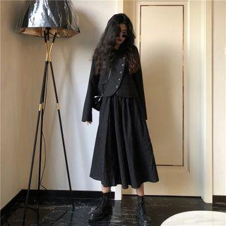 Plain Button-up Jacket / Striped Midi A-line Skirt / Set