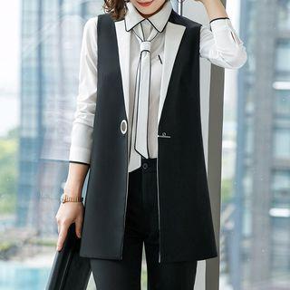 Long-sleeve Contrast Trim Shirt / One Button Vest / Dress Pants / Set