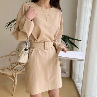 Pintuck Sleeve Dress With Belt Beige - One Size