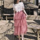 Set: Short-sleeve Lace Top + Plaid Tiered Skirt