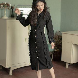 Long-sleeve Ruffled Midi Sheath Shirt Dress