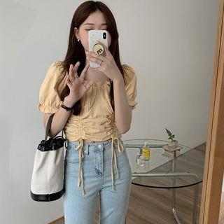 Puff-sleeve Frill Trim Drawstring Cropped Blouse