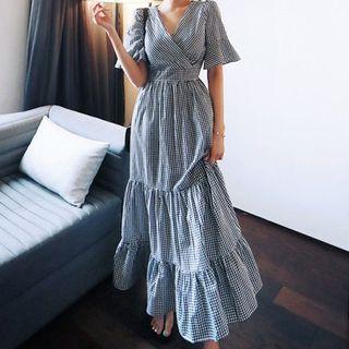 Plaid Bell-sleeve Tiered Maxi A-line Dress Black - One Size