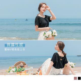 Lace Panel Back Short-sleeve V-neck Top