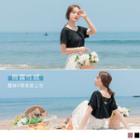 Lace Panel Back Short-sleeve V-neck Top